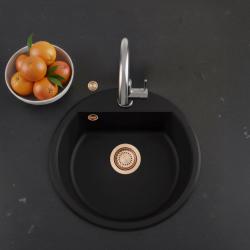GraniteMy Bremen évier rond en granit de 43 cm noir à poser et à encastrer avec trou pour robinet et bouchon en cuivre 1208971837