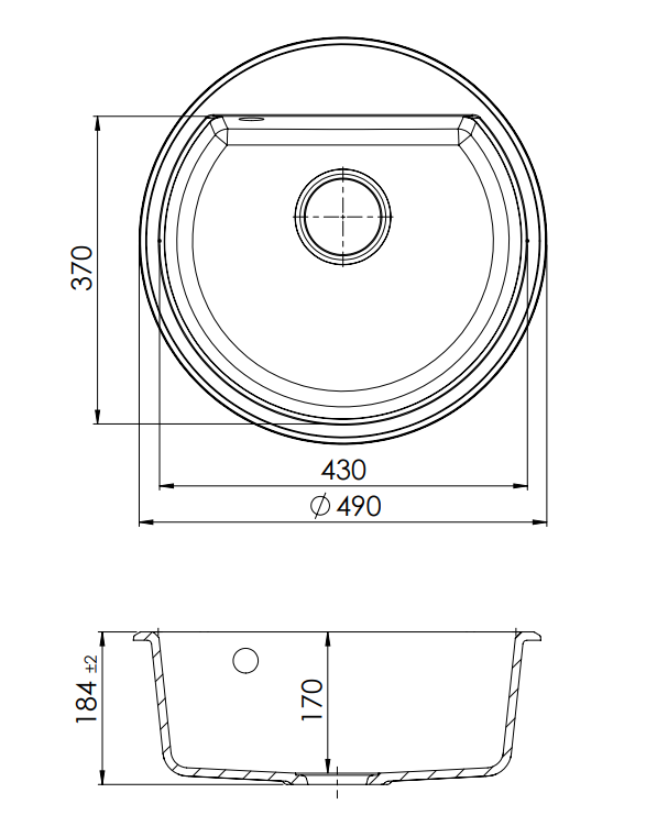 GraniteMy Bremen évier rond en granit 43 cm noir, montage en surface et sous plan, avec trou de robinet et bouchon automatique en cuivre 1208971838