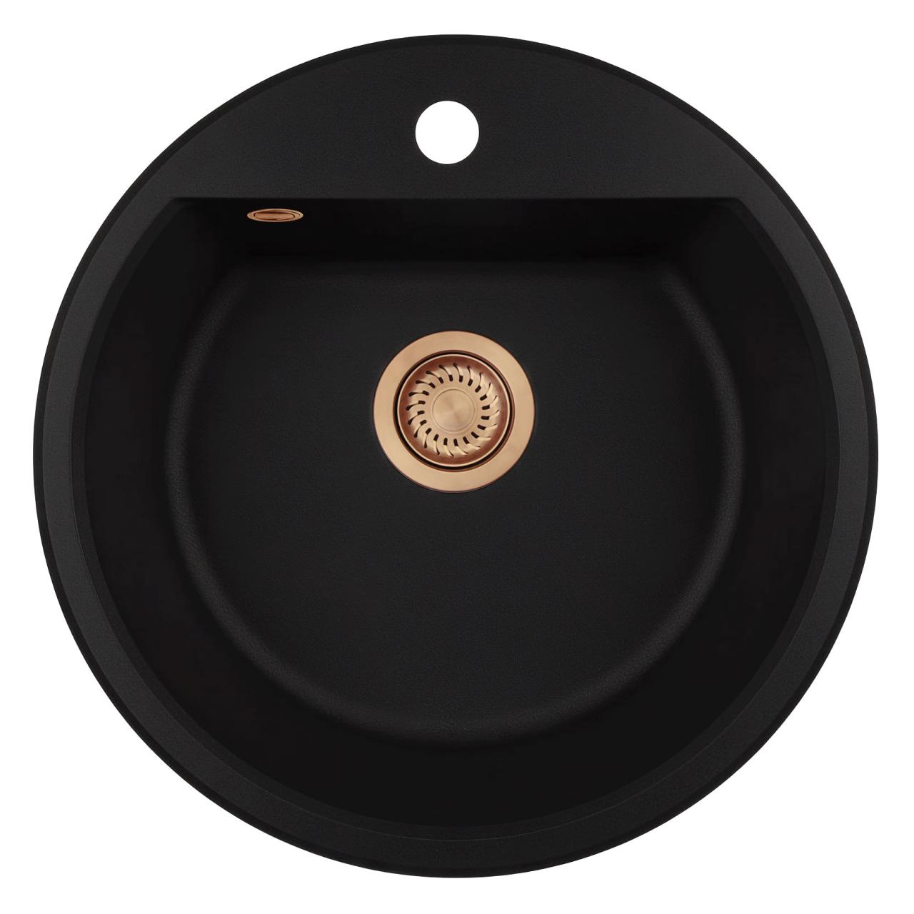 GraniteMy Bremen évier rond en granit 43 cm noir, montage en surface et sous plan, avec trou de robinet et bouchon automatique en cuivre 1208971838