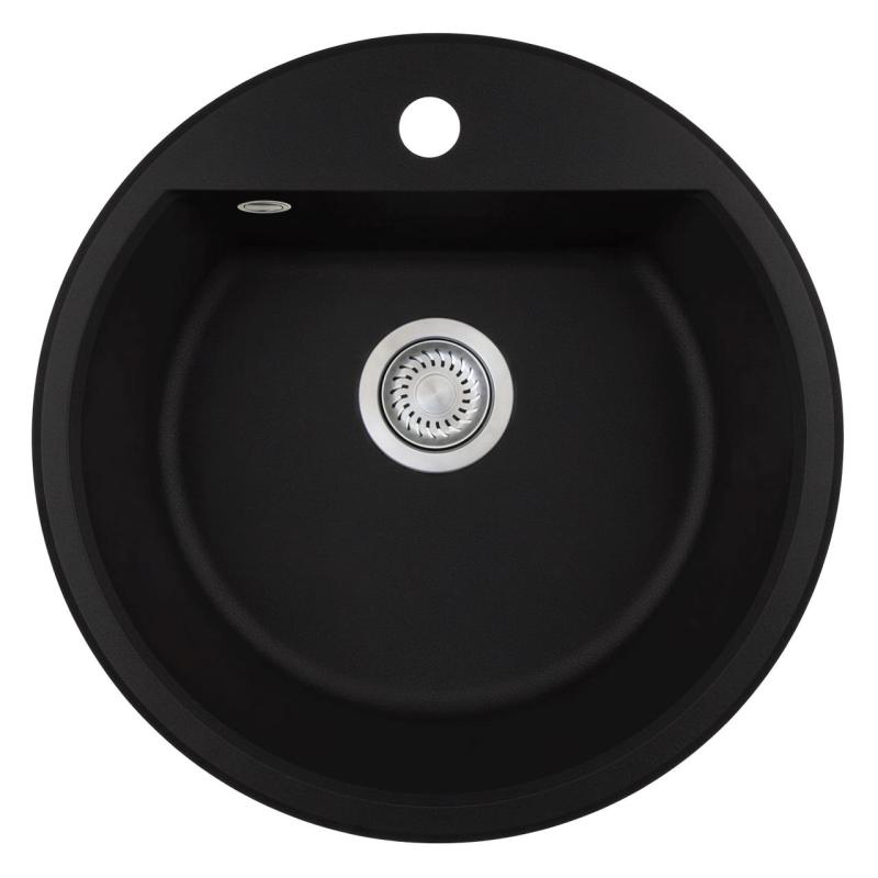GraniteMy Bremen runde Granitspüle 43 cm schwarz, Aufbau und Unterbau, mit Armaturenlochbank und automatischem Edelstahlstopfen 1208971840