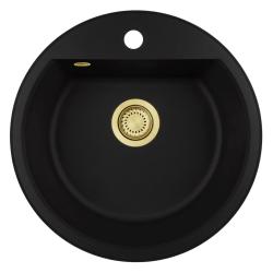 GraniteMy Bremen évier rond en granit de 43 cm noir, montage supérieur et inférieur, avec banc de trous de robinet et bouchon doré 1208971841