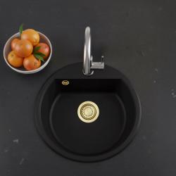 GraniteMy Bremen évier rond en granit de 43 cm noir, montage supérieur et inférieur, avec banc de trous de robinet et bouchon doré 1208971841
