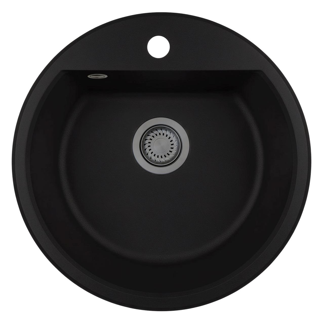 GraniteMy Bremen évier rond en granit 43 cm noir, à poser et à encastrer, avec trou pour robinet et bouchon en métal gun 1208971842