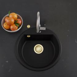 GraniteMy Bremen évier rond en granit 43 cm noir, montage en surface et sous plan, avec trou pour robinet et bouchon automatique doré 1208971843