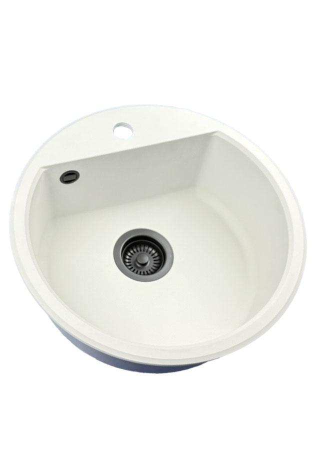 GraniteMy Bremen évier rond en granit de 43 cm blanc, à poser et encastrable, avec trou pour robinet et bouchon automatique noir 1208971846