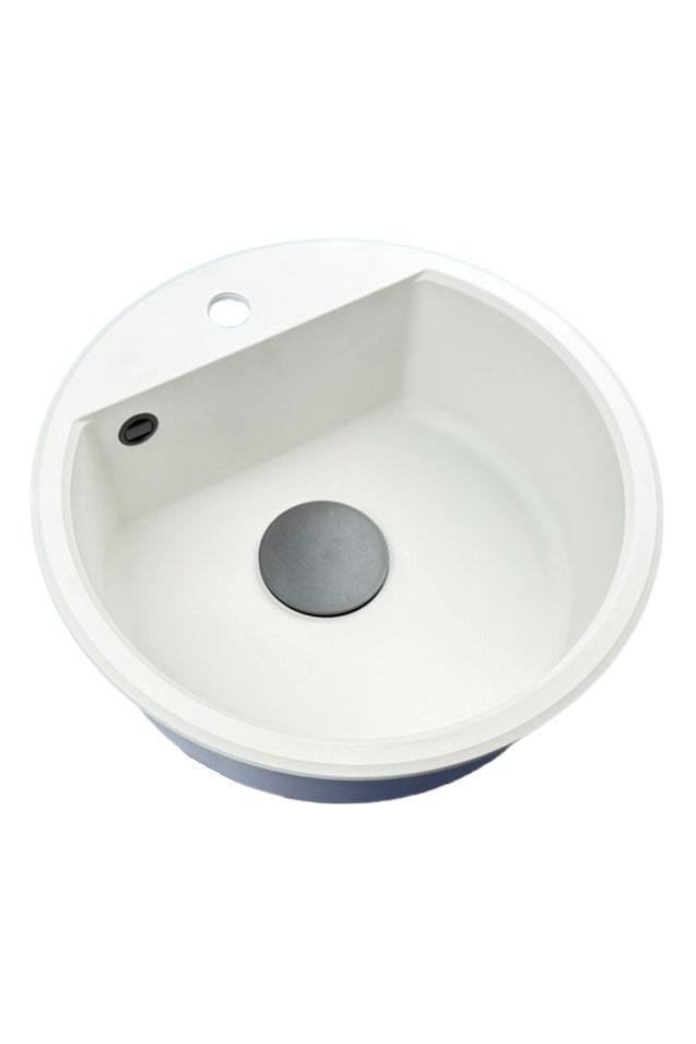 GraniteMy Bremen évier rond en granit de 43 cm blanc, à poser et encastrable, avec trou pour robinet et bouchon automatique noir 1208971846