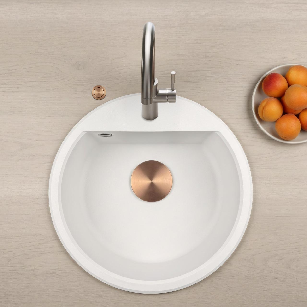 GraniteMy Bremen évier rond en granit 43 cm blanc, à poser et à encastrer, avec trou pour robinet et bouchon automatique en cuivre 1208971847