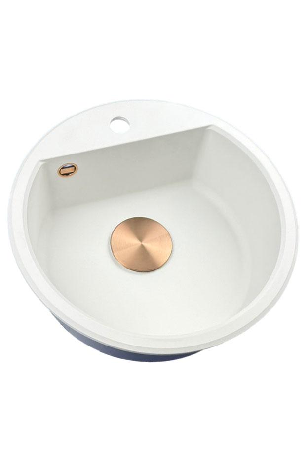 GraniteMy Bremen évier rond en granit 43 cm blanc, à poser et à encastrer, avec trou pour robinet et bouchon automatique en cuivre 1208971847