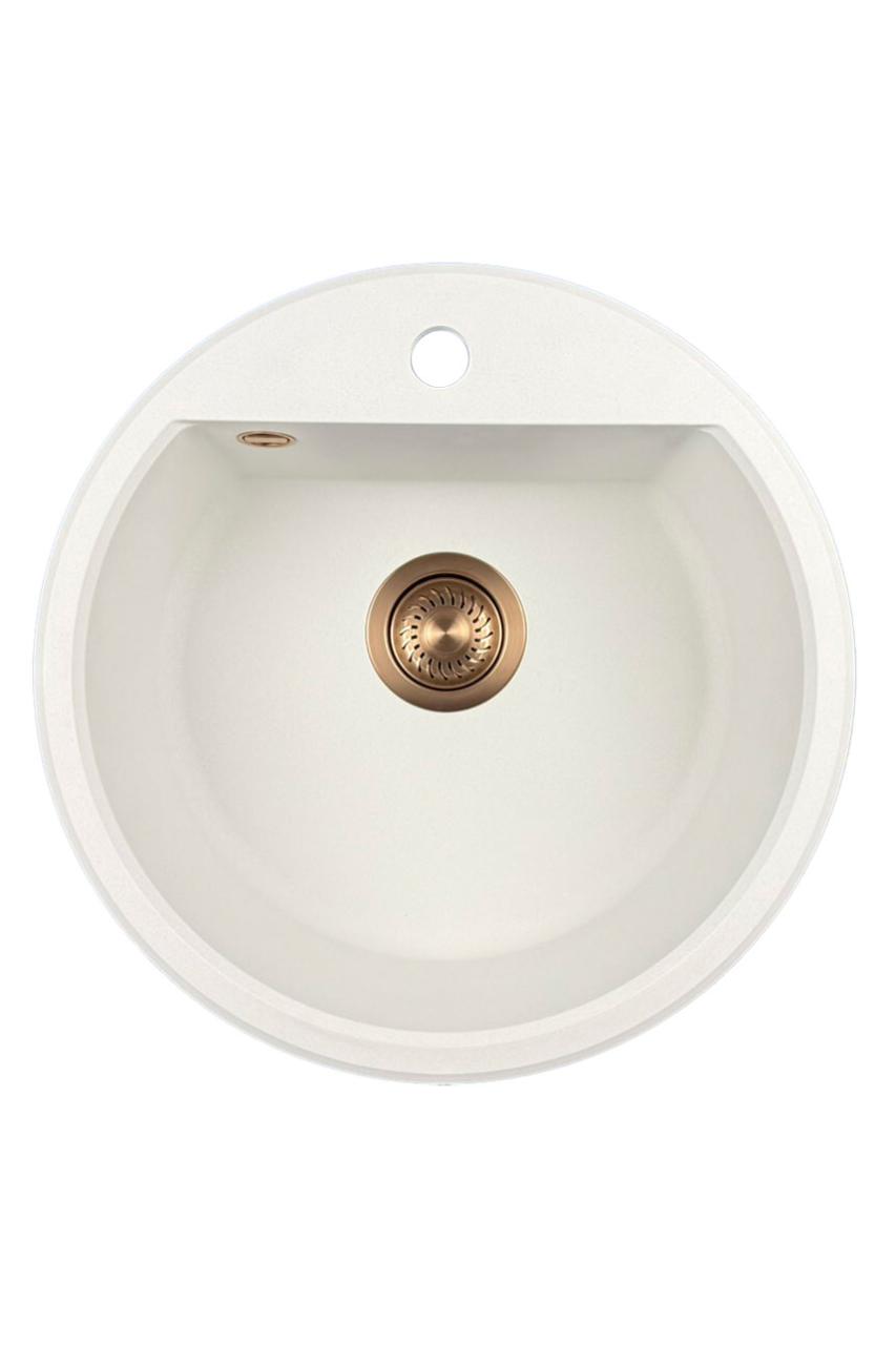 GraniteMy Bremen évier rond en granit 43 cm blanc, à poser et à encastrer, avec trou pour robinet et bouchon automatique en cuivre 1208971847