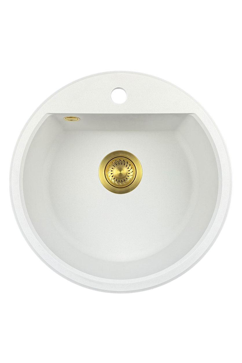 GraniteMy Bremen évier rond en granit de 43 cm blanc, à poser et à encastrer, avec trou de robinet et bouchon automatique doré 1208971848