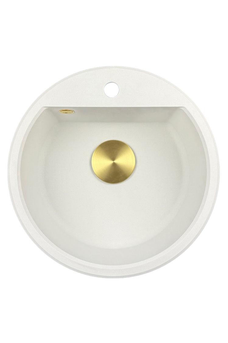 GraniteMy Bremen évier rond en granit de 43 cm blanc, à poser et à encastrer, avec trou de robinet et bouchon automatique doré 1208971848