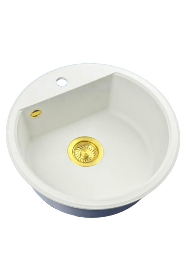 GraniteMy Bremen évier rond en granit de 43 cm blanc, à poser et à encastrer, avec trou de robinet et bouchon automatique doré 1208971848