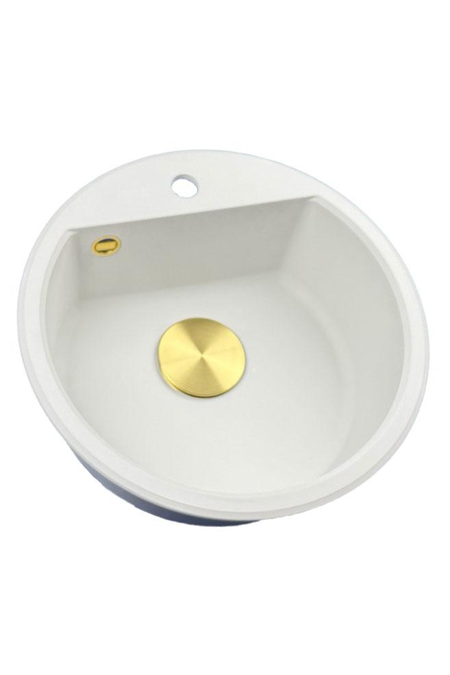 GraniteMy Bremen évier rond en granit de 43 cm blanc, à poser et à encastrer, avec trou de robinet et bouchon automatique doré 1208971848