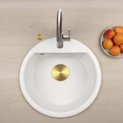 GraniteMy Bremen évier rond en granit de 43 cm blanc, à poser et à encastrer, avec trou de robinet et bouchon automatique doré 1208971848