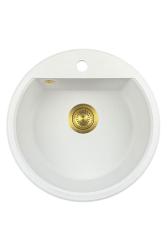 GraniteMy Bremen évier rond en granit de 43 cm blanc, à poser et à encastrer, avec trou de robinet et bouchon automatique doré 1208971848