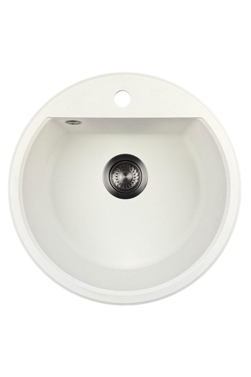 GraniteMy Bremen évier rond en granit 43 cm blanc, à poser et à encastrer, avec trou pour robinet et bouchon automatique en métal vieilli 1208971849