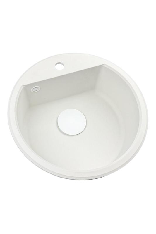 GraniteMy Bremen runder Granitspüle 43 cm weiß, Aufbau und Unterbau, mit Kranlochbank und automatischem weißem Stecker 1208971850