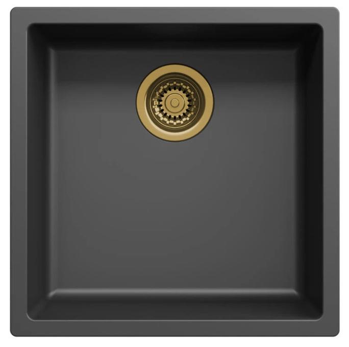 Évier Ausmann Fibre noir 40x40cm encastré, à poser et à fleur avec bouchon automatique doré 1208971853