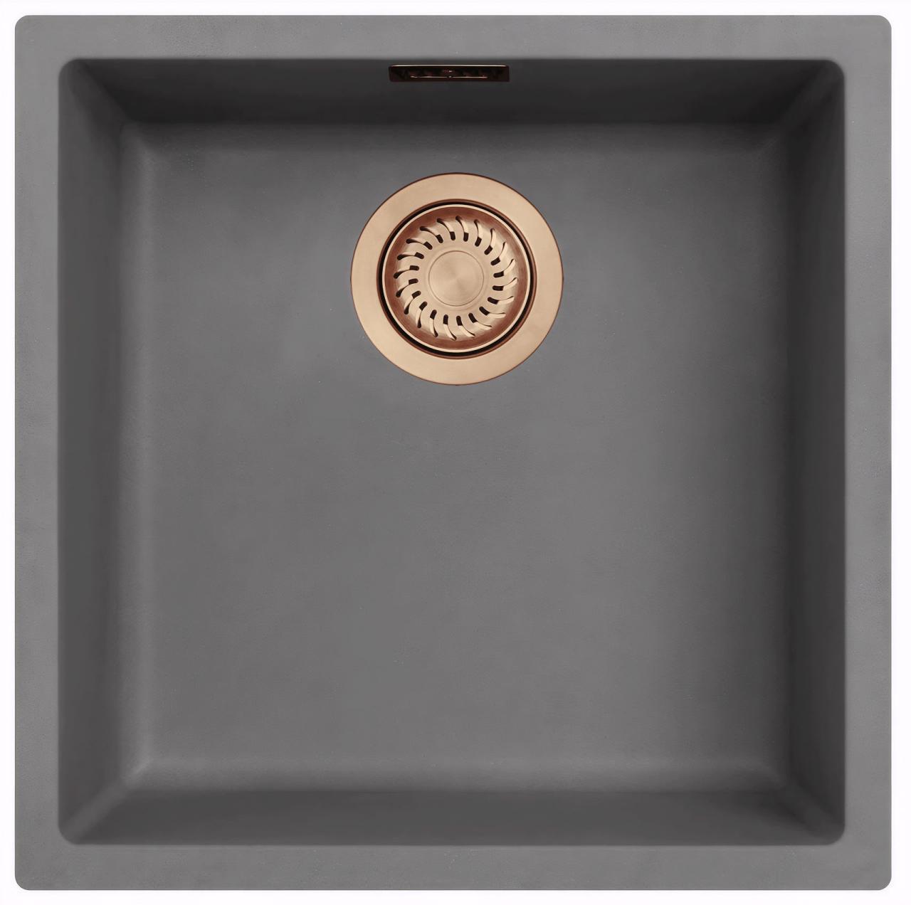 Ausmann Fibre évier en béton gris 40x40cm sous-structure, structure et intégration à fleur avec bouchon en cuivre 1208971880