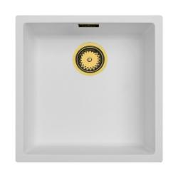 Évier Ausmann Fibre blanc 40x40cm encastré, à poser et à fleur avec bouchon automatique doré 1208971894