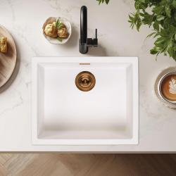 Évier Ausmann Fibre blanc 50x40cm encastré, surélevé et à fleur avec bouchon automatique en cuivre 1208971900