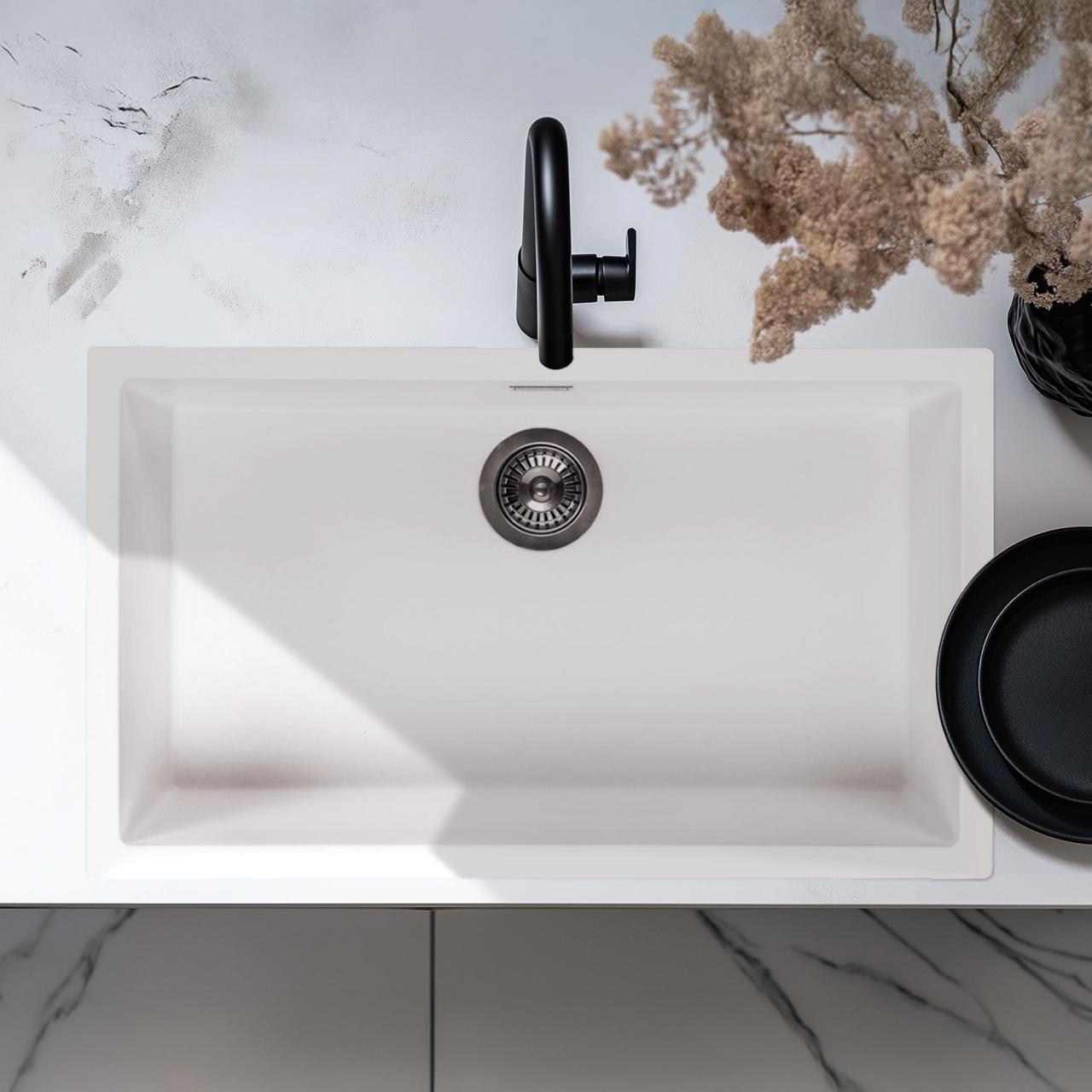 Ausmann Fibre blanc grand évier 70x40cm encastré, à poser et à fleur avec bouchon automatique en acier inoxydable 1208971904