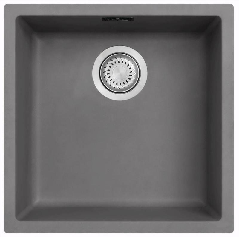 Ausmann Faserbeton graue Spüle 40x40cm Unterbau, Aufbau und flächenbündiger Einbau mit automatischem Edelstahlstopfen 1208971910