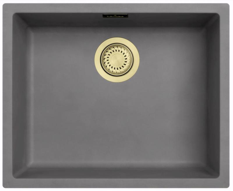 Ausmann Faserbeton graues Spülbecken 50x40cm für Unterbau, Aufbau und flächenbündigen Einbau mit automatischem goldenen Stopfen 1208971918