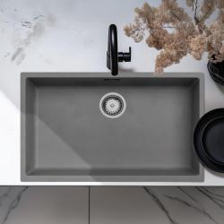 Ausmann Fibre béton gris grand évier 70x40cm sous-comptoir, montage en surface et encastré avec bouchon automatique en acier inoxydable 1208971920