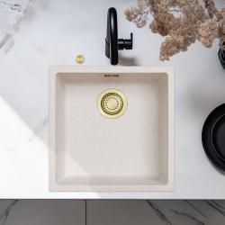 Évier Ausmann Fibre de sable blanc 40x40cm encastré, surélevé et à fleur avec bouchon automatique doré 1208971928