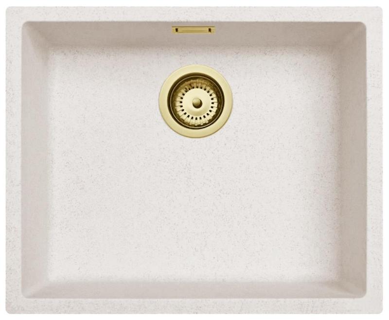 Ausmann Fibre Sand weißes Spülbecken 50x40cm Unterbau, Aufbau und flächenbündiger Einbau mit automatischem goldenen Stecker 1208971933