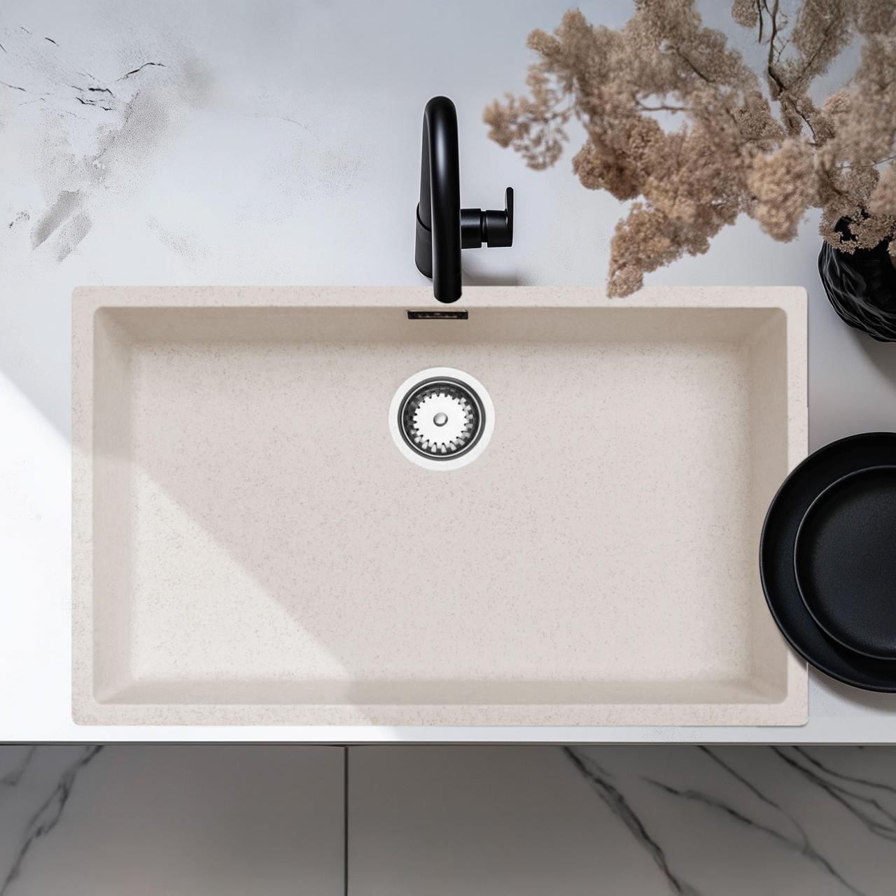 Ausmann Fibre sable blanc grande évier 70x40cm sous-meuble, montage surélevé et encastré avec bouchon automatique en acier inoxydable 1208971935