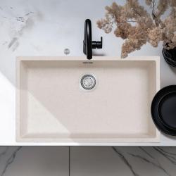 Ausmann Fibre sable blanc grande évier 70x40cm sous-meuble, montage surélevé et encastré avec bouchon automatique en acier inoxydable 1208971935