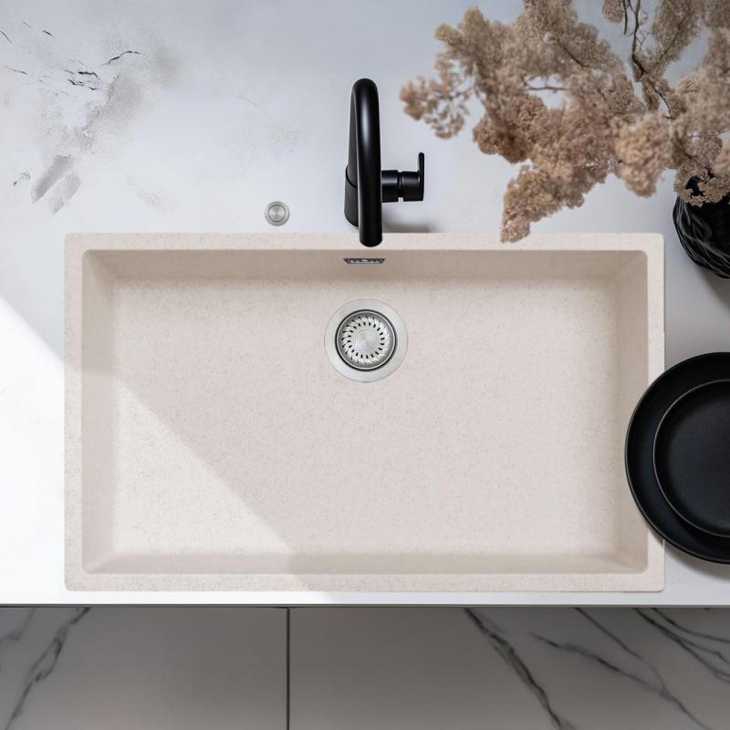 Ausmann Fibre Sand Weiß großes Spülbecken 70x40cm Unterbau, Aufbau und Flachbau mit automatischem Edelstahl-Plug 1208971935