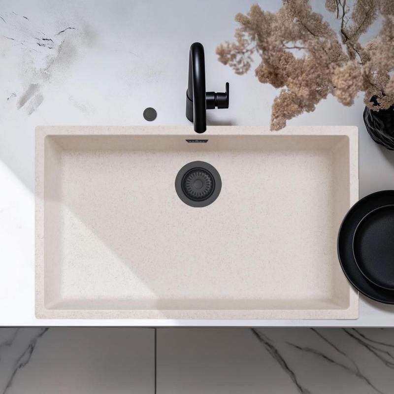 Ausmann Fibre Sand weiß großes Spülbecken 70x40cm Unterbau, Aufbau und Flachbau mit automatischem schwarzem Stecker 1208971936