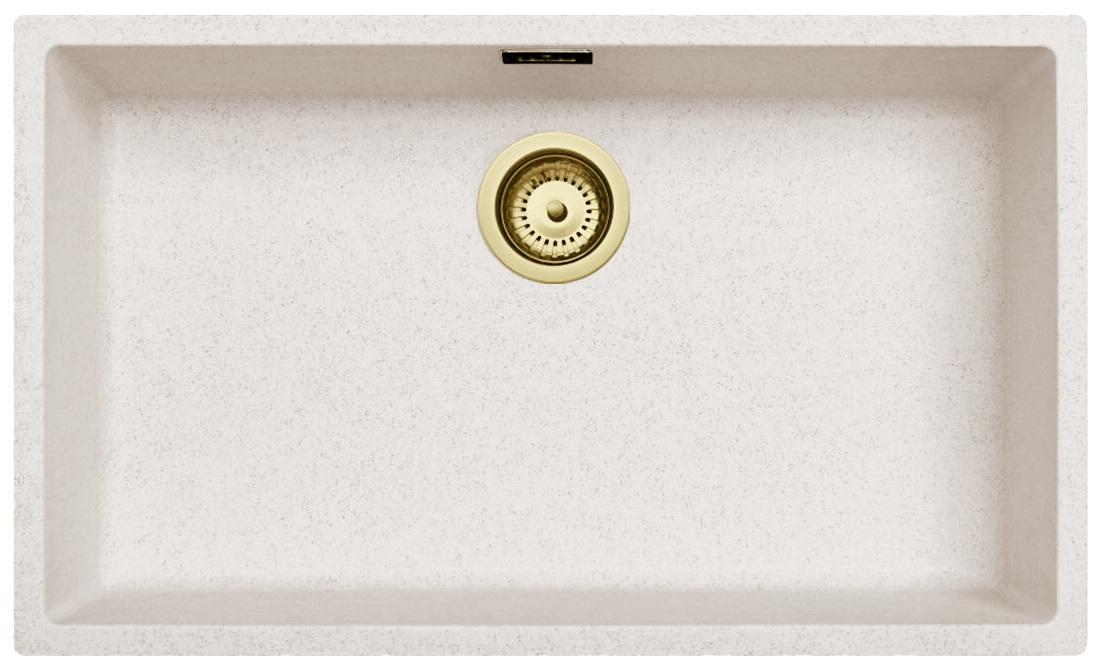 Ausmann Fibre sable blanc grand évier 70x40cm sous-meuble, montage en surface et encastré avec bouchon automatique doré 1208971938