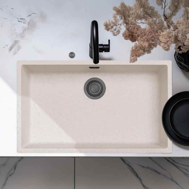 Ausmann Faser Sand weiß großes Spülbecken 70x40cm Unterbau, Aufbau und flächenbündiger Einbau mit automatischem Gun Metal Plug 1208971939