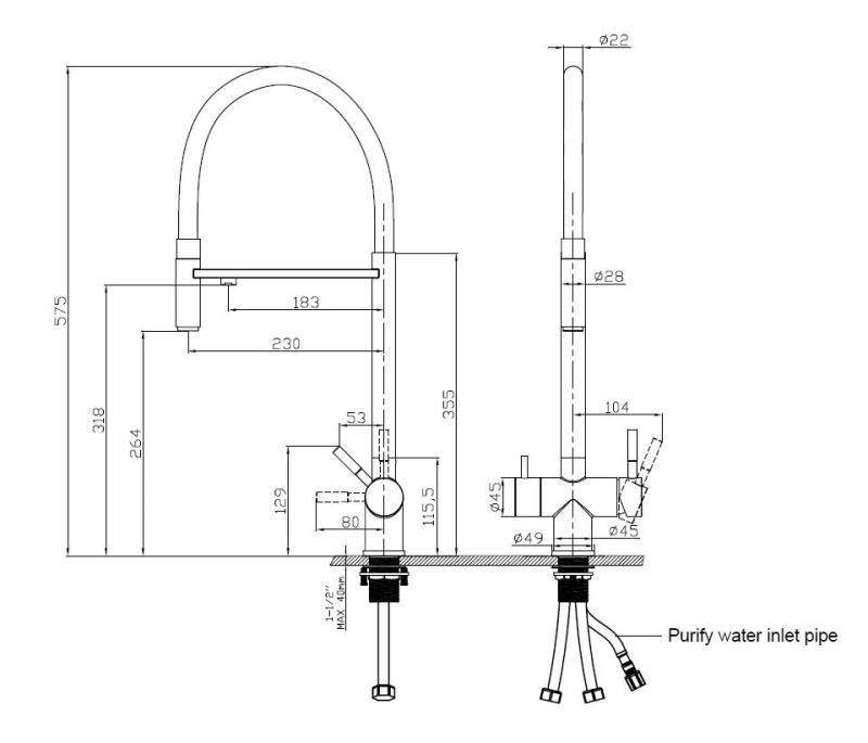 Pure.Sink Elite Steel Flex Robinet de cuisine en acier inoxydable à 3 voies avec bec flexible et eau filtrée PS8110-02