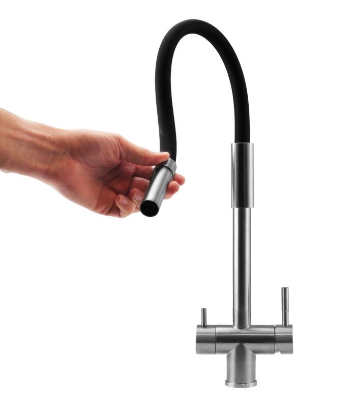 Pure.Sink Elite Steel Flex Robinet de cuisine en acier inoxydable à 3 voies avec bec flexible et eau filtrée PS8110-02