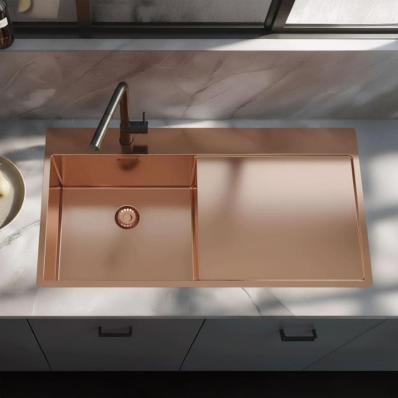 Pure.Sink Exclusivo Évier en cuivre avec égouttoir 100 x 52 cm Robinet à levier gauche PEX47100LT-62