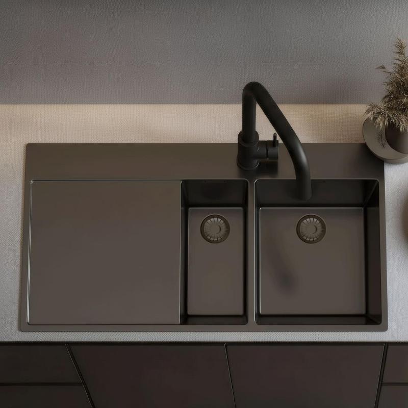 Pure.Sink Exclusivo Évier Gun metal 1,5  avec égouttoir 100x52 cm Robinet à levier droit PEX3418100RT-61