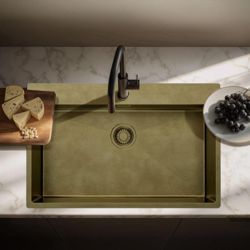 Pure.Sink Luxion Grand évier PVD antique en bronze 78 x 50 cm Tapwing avec banc de robinetterie et étagère inférieure PLX7850T-64