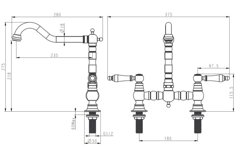 Aquanello Heritage Manor Robinet de cuisine classique de style rétro, noir avec poignée blanche BL-0010-HM