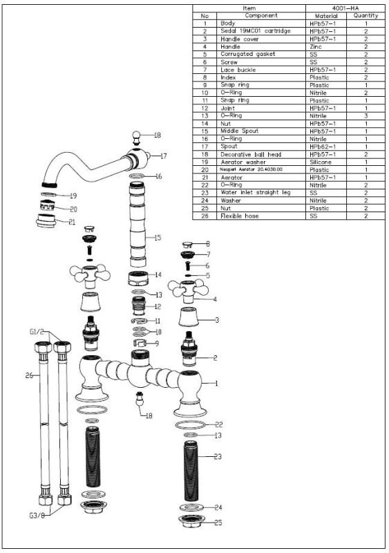 Aquanello Heritage Ascot Robinet de cuisine classique de style rétro, modèle « Pont », couleur bronze avec poignées en croix BN-0011-HM