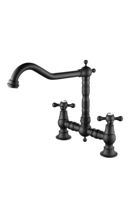 Aquanello Heritage Ascot Robinet de cuisine classique de style rétro, noir avec poignées en croix BL-0011-HM