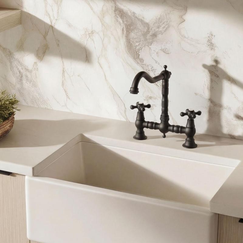 Aquanello Heritage Ascot Robinet de cuisine classique de style rétro, noir avec poignées en croix BL-0011-HM