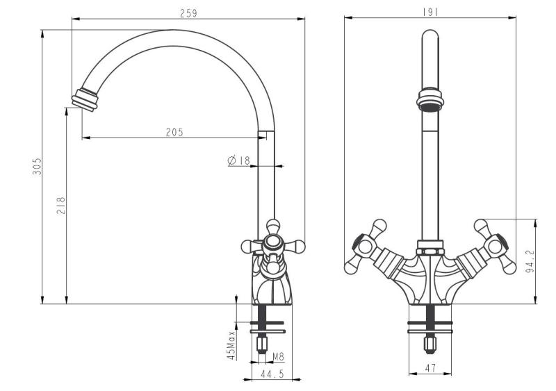 Aquanello Heritage Ascot Robinet de cuisine classique et nostalgique, couleur bronze, avec bec rond BN-4003-HA