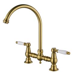 Aquanello Heritage Manor Robinet de cuisine classique de style rétro, modèle « Pont », en bronze avec poignée blanche et bec rond BN-4001-HA