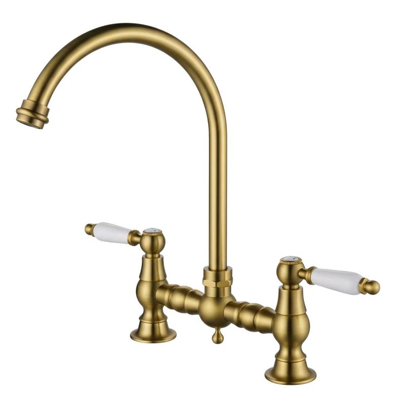 Aquanello Heritage Manor Robinet de cuisine classique de style rétro, modèle « Pont », en bronze avec poignée blanche et bec rond BN-4001-HA
