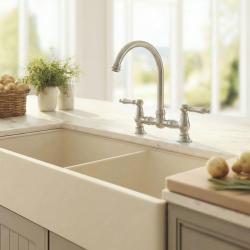 Aquanello Heritage Manor Robinet de cuisine classique de style rétro, chromé, avec poignée blanche et bec rond CR-4001-HA